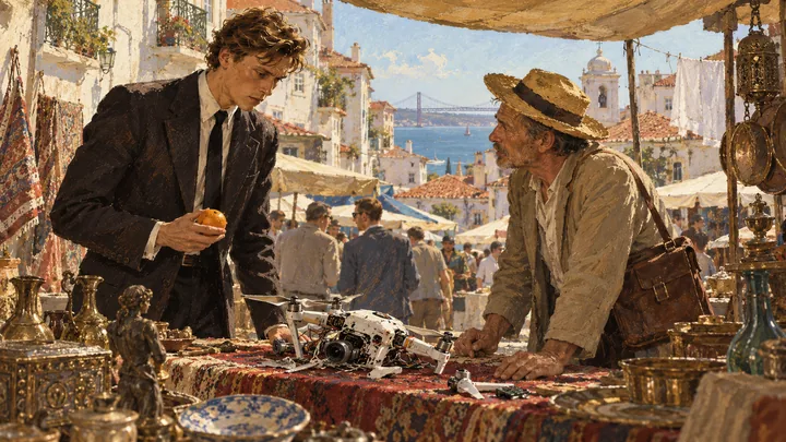 Illustration peinte : LISBONNE · ALFAMA, MARCHÉ AUX PUCES · JOUR.