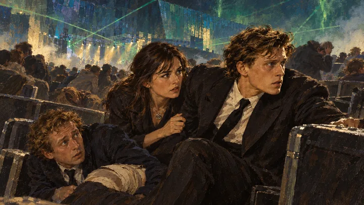 Illustration peinte : SALLE DE CONCERT · « FORÊT DE LUMIÈRE » · NUIT.