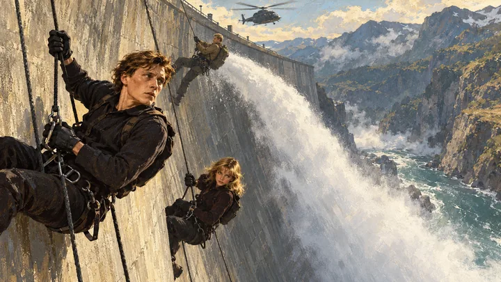 Illustration peinte : BARRAGE DE PATAGONIE · AUBE · JOUR.