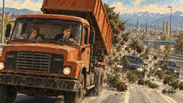 Illustration peinte : ZURICH · AUTOROUTE URBAINE · POURSUITE · JOUR.