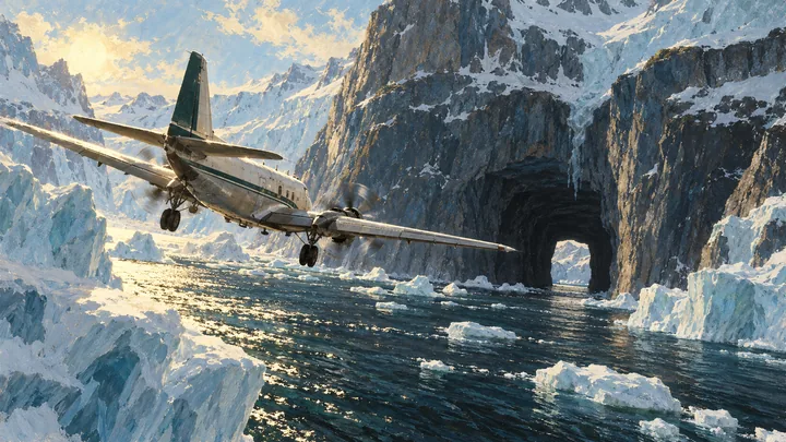 Illustration peinte : FJORDS DU SVALBARD · VOL RASANT · JOUR.