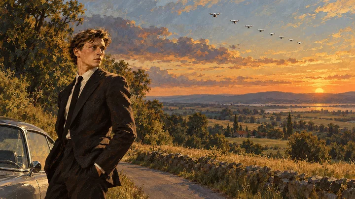 Illustration peinte : ROUTE DE CAMPAGNE · CRÉPUSCULE.