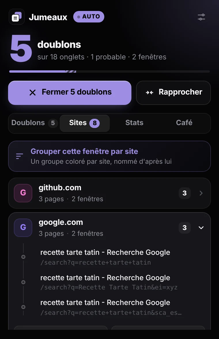 Jumeaux : la liste des sites avec leurs pages et le bouton Grouper